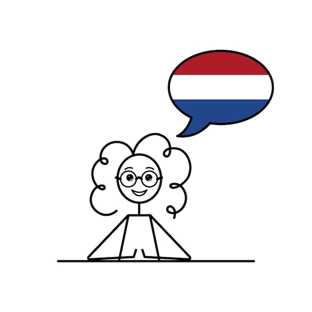 Vector nederlands sprekend cartoonmeisje met spraakbel in vlag van nederland kleuren vrouwelijk personage leren nederlandse taal vector illustratie zwarte lijn schets