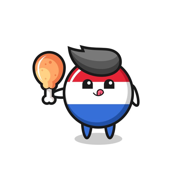 Nederlandse vlag badge schattige mascotte eet een gebakken kip