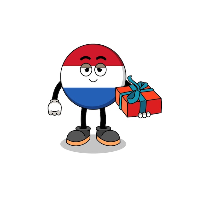 Nederlandse vlag mascotte illustratie die een geschenk karakterontwerp geeft