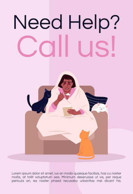 ヘルプが必要な場合は、ポスターテンプレートまでお電話ください。女性のサポート、ストレス管理の商業チラシのデザインとセミフラットのイラスト。ベクトル漫画のプロモーションカード。心理療法の広告の招待状