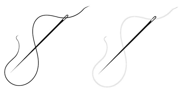 Vector needle and thread icon, black and white version.