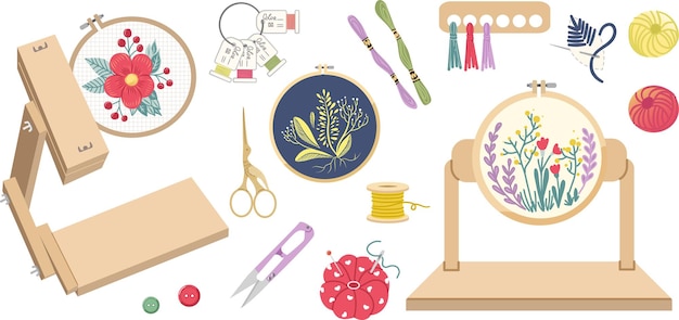 Needlework concept vector illustration Set of embroidery elements