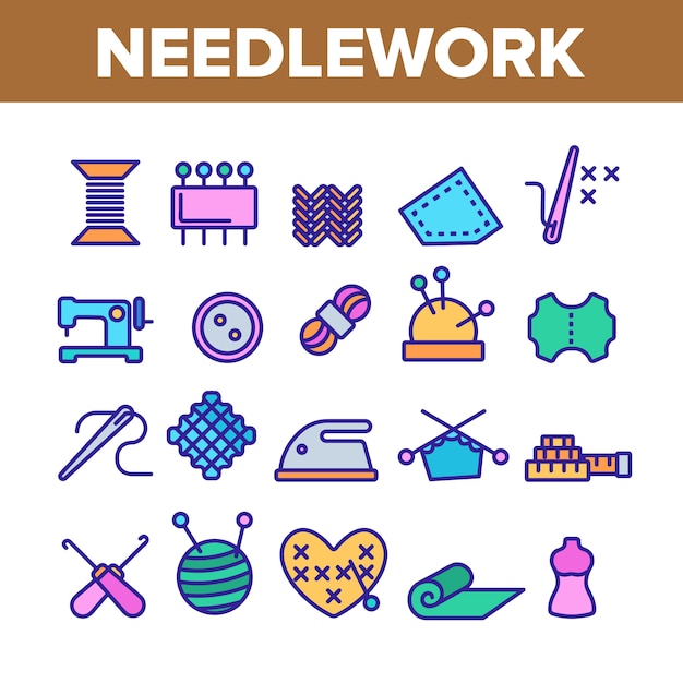 Needlework elements icons set