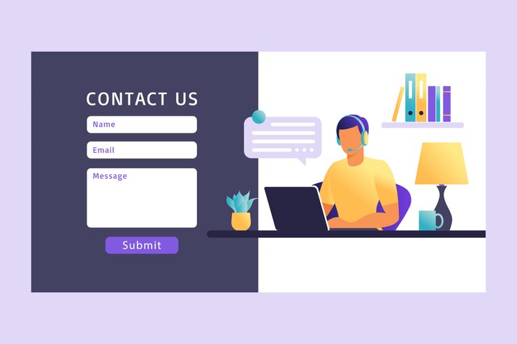 Neem contact met ons op formuliersjabloon voor web. Mannelijke klantenserviceagent met hoofdtelefoon die met cliënt spreekt. Bestemmingspagina. Online klantenondersteuning. Illustratie.