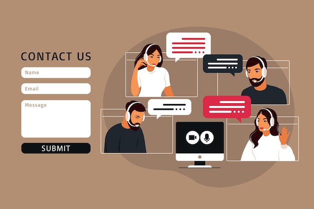 Neem contact met ons op formuliersjabloon voor web. Videovergadering van de groep mensen. Onlinevergadering via videoconferentie. Werk op afstand, technologieconcept. Vectorillustratie in vlakke stijl.