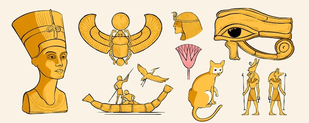 Nefertiti bust sacred scarab fisherman on papyrus boat eye of horus cat crane palm amun ra anubis cleopatra