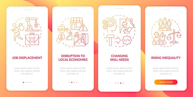 negative automation impact red gradient onboarding mobile app screen walkthrough 4 steps graphic instructions pages with linear concepts ui ux gui template myriad probold regular fonts used