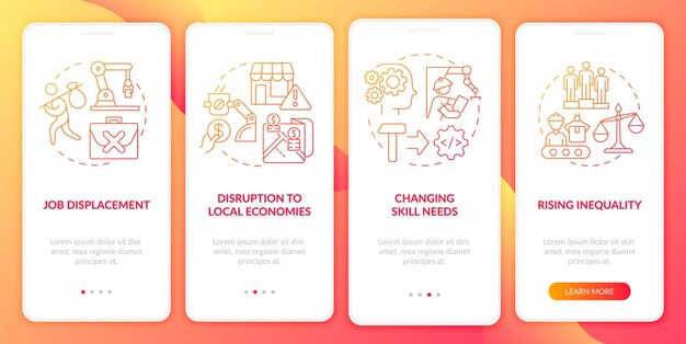 Impatto negativo dell'automazione gradiente rosso onboarding schermo dell'app mobile procedura dettagliata 4 passaggi pagine di istruzioni grafiche con concetti lineari modello gui ui ux myriad probold font regolari utilizzati