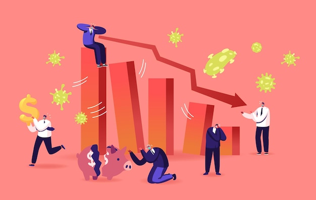 Impatto negativo del covid19 sul prezzo degli investimenti. focolaio di coronavirus e crisi economica globale, crollo finanziario. grafico del mercato azionario caduta e sconvolto personaggi di persone d'affari. fumetto illustrazione vettoriale