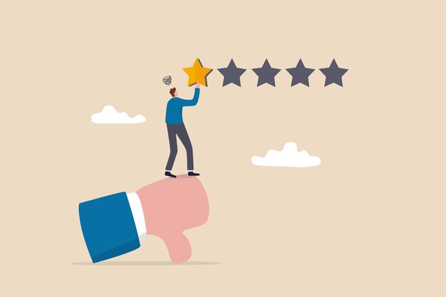 Negative feedback bad review or one star customer feedback terrible or poor quality user experience low rating result or disappointment concept unhappy man on thumb down giving bad review star