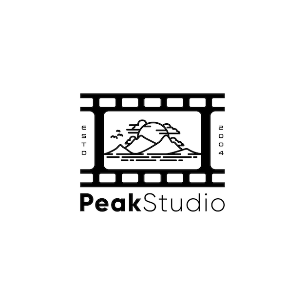 Vettore pellicola negativa con design di paesaggi naturali di montagna per il logo della fotografia all'aperto