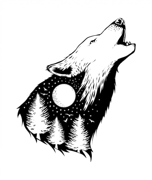 negative space of a wolf with forest background