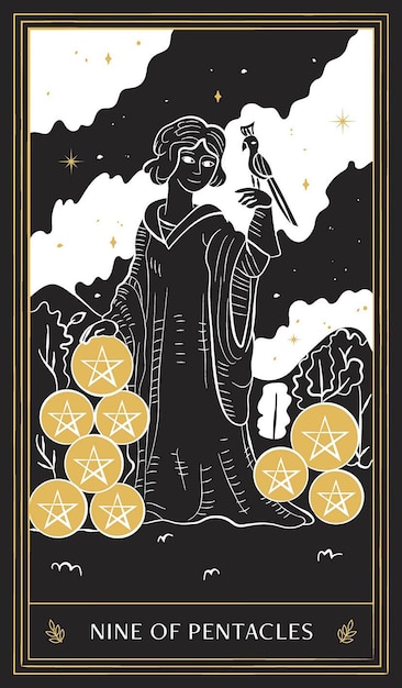 Negen van Pentakels Tarotkaart in kleine Arcana met zwart goud en wit handgetekende vector doodle