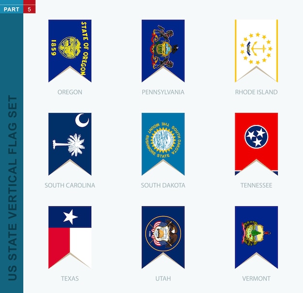 Negen vector verticale amerikaanse staat vlag ingesteld verticale pictogram met staat vlag van oregon pennsylvania rhode island south carolina south dakota tennessee texas utah vermont