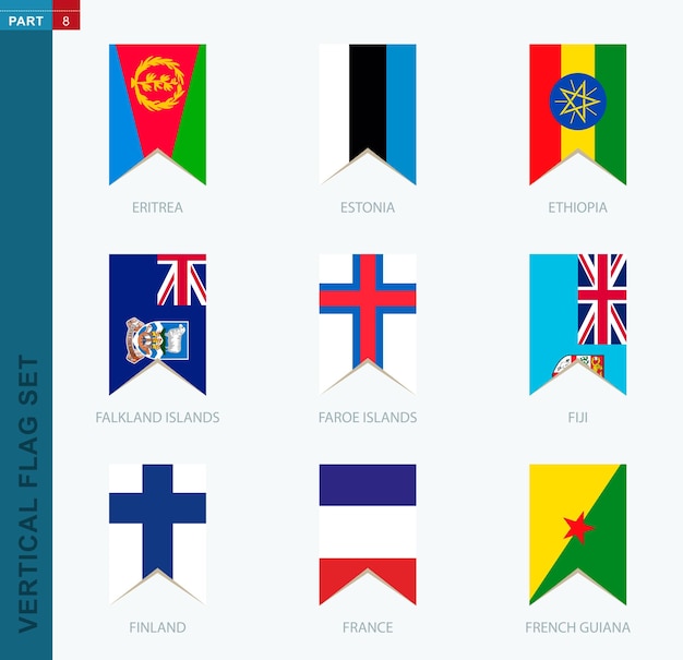 Negen vector verticale vlag ingesteld verticale pictogram met vlag van Eritrea, Estland Ethiopië Falklandeilanden Faeröer Fiji Finland Frankrijk Frans Guyana