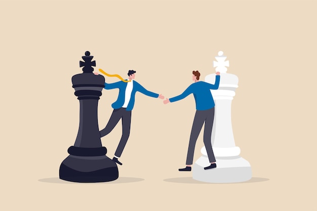 협상 전략, 윈-윈 상황, 경쟁 대신 파트너십, 합병 또는 계약 개념, 계약 완료 후 체스 악수에 서 있는 사업가 경쟁자.