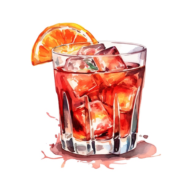 Negroni cocktail watercolor hand drawn illustration Drink clipart on white background