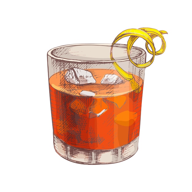 Vector negroni cocktail with ice cube and twist slice lemon. vector vintage hatching