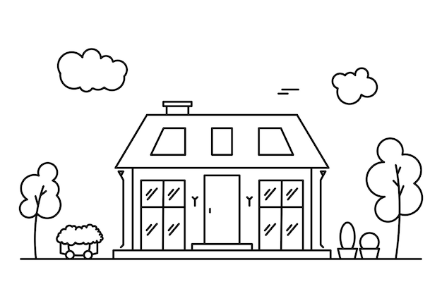 Vector neighborhood line art with a house and trees.