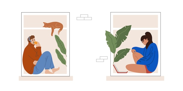 Neighborhood windows flat vector young woman and men near windows with cat on the windowsill