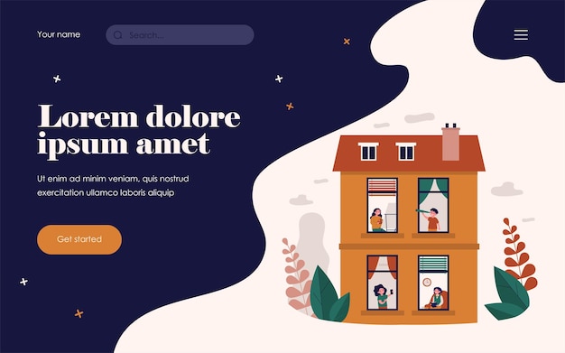 Vicini che si godono il tempo libero a casa. vista attraverso la finestra, persone che praticano l'illustrazione piatta di vettore dell'hobby. casa in affitto, concetto di quartiere per banner, progettazione di siti web o pagina web di destinazione