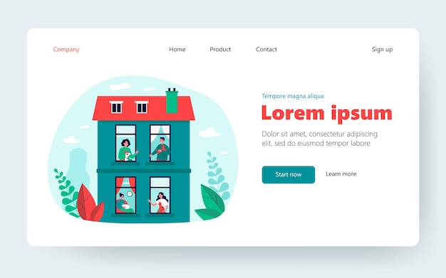 아파트에서 애완동물을 키우는 이웃들. Windows 및 아파트 건물 평면 벡터 일러스트 레이 션의 외관. 가축, 배너, 웹 사이트 디자인 또는 방문 웹 페이지에 대한 애완 동물 관리 개념