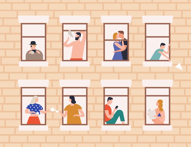 Neighbors and neighborhood concept vector flat illustration. Cartoon people living in house with open window frames. Building exterior or facade with man, woman and children inside apartments.