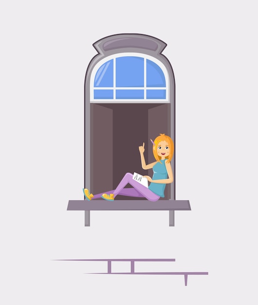 Vector neighbors in windows of old house characters girl sitting on window and writes poetry in notebook