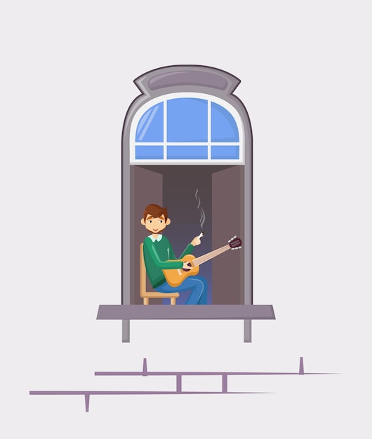 Vector neighbors in windows of old house young man sits plays the guitar smokes cigarette