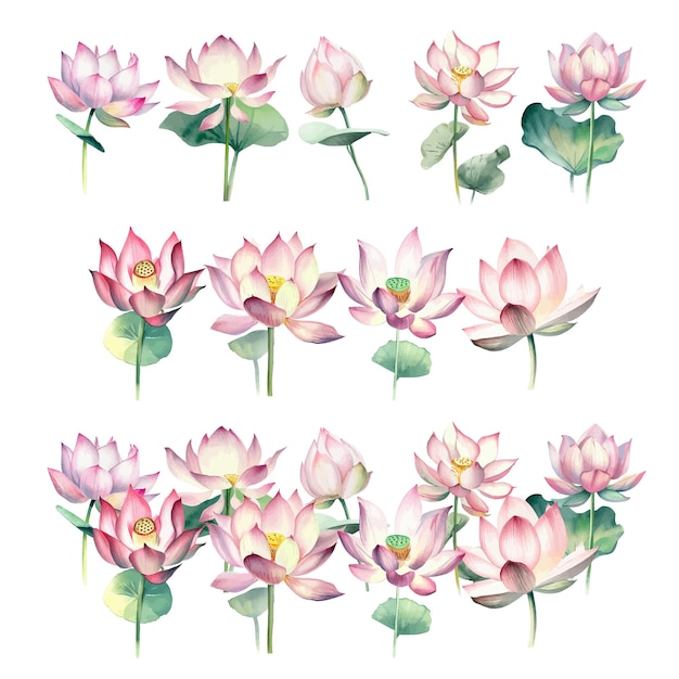 Nelumbo nuciferaWatercolor lotus flowers set isolated on white background Vector illustration