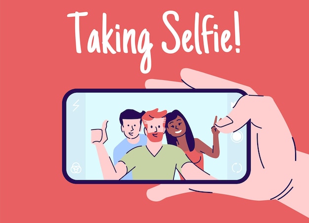 Vector nemen selfie platte vectorillustratie. hand met smartphone die zelffoto maakt. vrienden ontmoeten foto. gelukkige mensen portret op telefoon stripfiguur met overzichtselementen op rode achtergrond