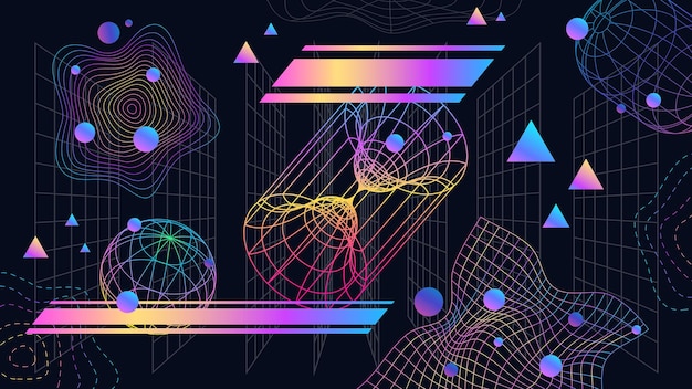 Vector neo futuristic abstract background with 3d grids and shapes neon wireframe graphic retro cyber design 90s game technology vector banner