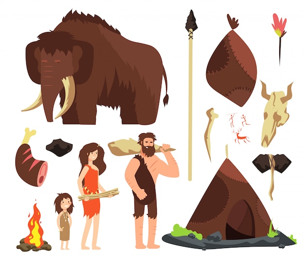 Vector neolithische stripfiguren. prehistorische neanderthaler familie met dieren en wapens.