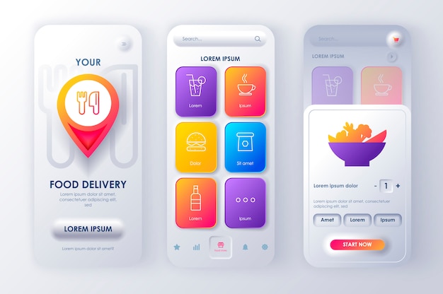 Vettore neomorphic app mobile ui ux kit consegna cibo stile neomorfismo unico.