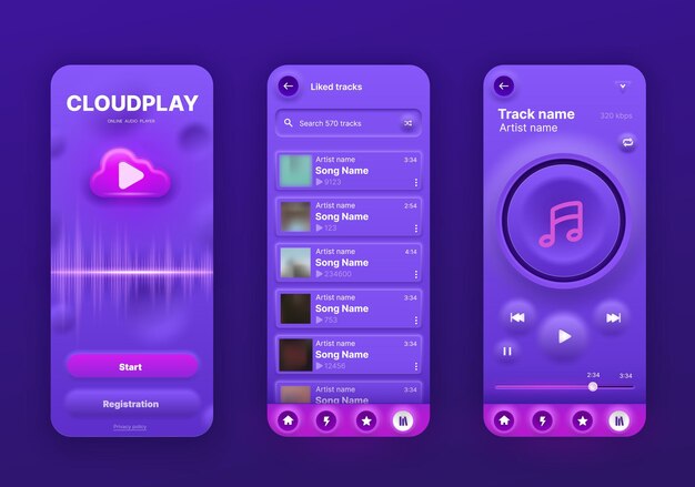 Vector neomorphic music player interface, ui app screen, vector mobile phone playlist application. neomorphic music player audio media buttons temples with song playlist menu and album cover, neomorphism ux