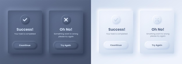 Vector neomorphic neomorphism style success and try again ui ux light  dark design