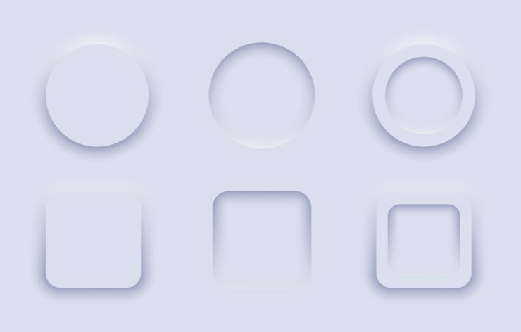 Vector 네오모르피즘 디자인 스타일을 나타내는 부드러운 그림자와 함께 어두운 미묘한 3d 모양의 원형 및 사각형 아이콘을 설정합니다.