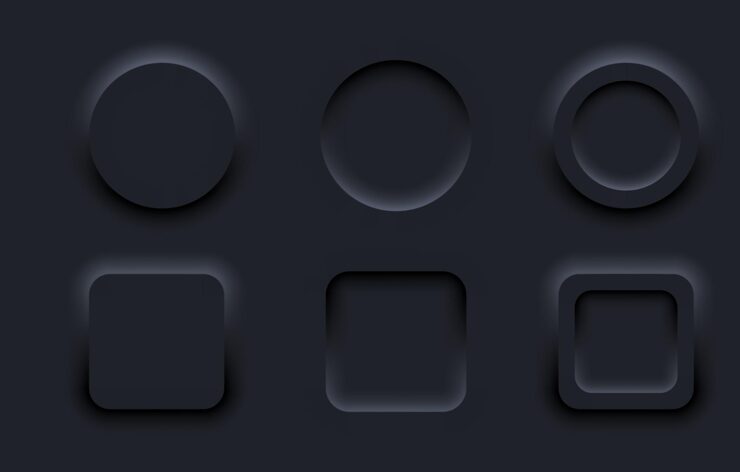 Vector neomorphic shapes set icon dark subtle 3dlike circular and square shapes with soft shadows representing the neomorphism design style ideal for modern ui elements with a smooth