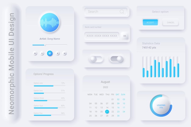 Vector neomorphic ui ux white design elements kit