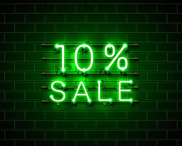 Neon 10 sale text banner. Night Sign. Vector illustration