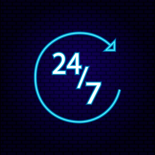 Neon 24 7 сервис открыт 24 часа в сутки и 7 дней в неделю. ярко-синяя лампа с электрическим освещением