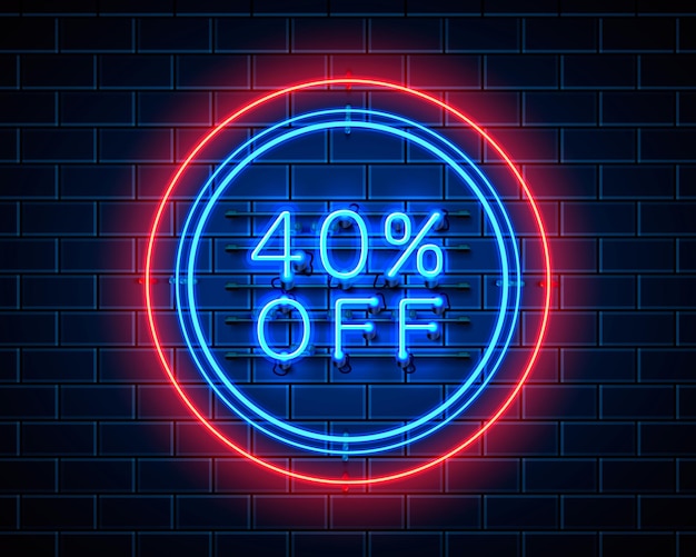 Neon 40 off text banner. Night Sign. Vector illustration