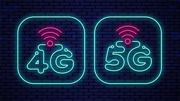 Neon 4g and 5g signs isolated on the wall.