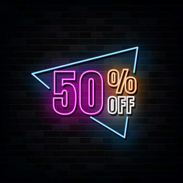 Neon 50 procent korting op speciale aanbiedingen Korting Neonreclames Vector ontwerpsjabloon Neon stijl