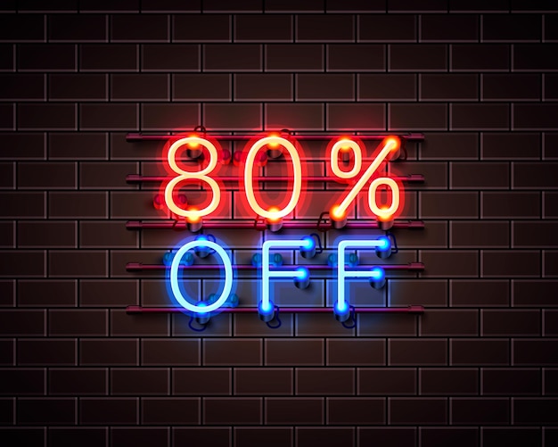 Neon 80 korting op tekstbanner. Nacht teken. vector illustratie