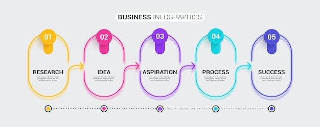 5 단계와 네온 추상 3D 얇은 라인 infographic 템플릿.