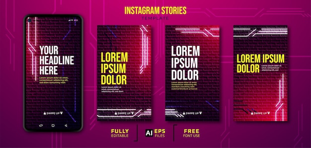 Neon achtergrond sociale media set instagram verhalen sjabloon met smartphone