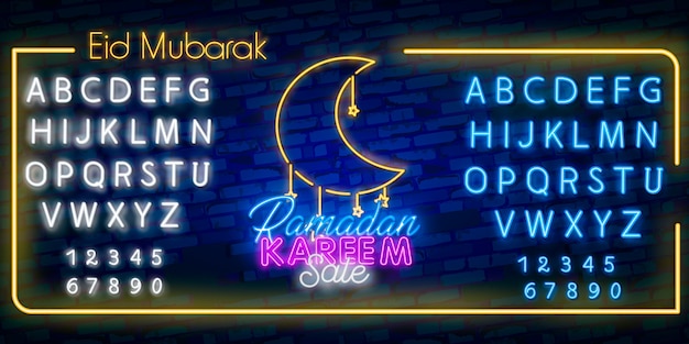 Neon alfabet lettertype en ramadan sale neon teken vector.
