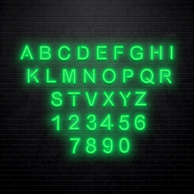 Vector neon alphabet isolated on brick wall