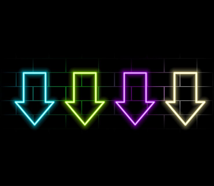 Vector neon arrow symbol icon black background with arrow direction down directional sign flashing neon